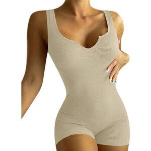Womens Sexy Ribbed Sleeveless Bodysuit Stretch Shorts Romper Jumpsuit-White